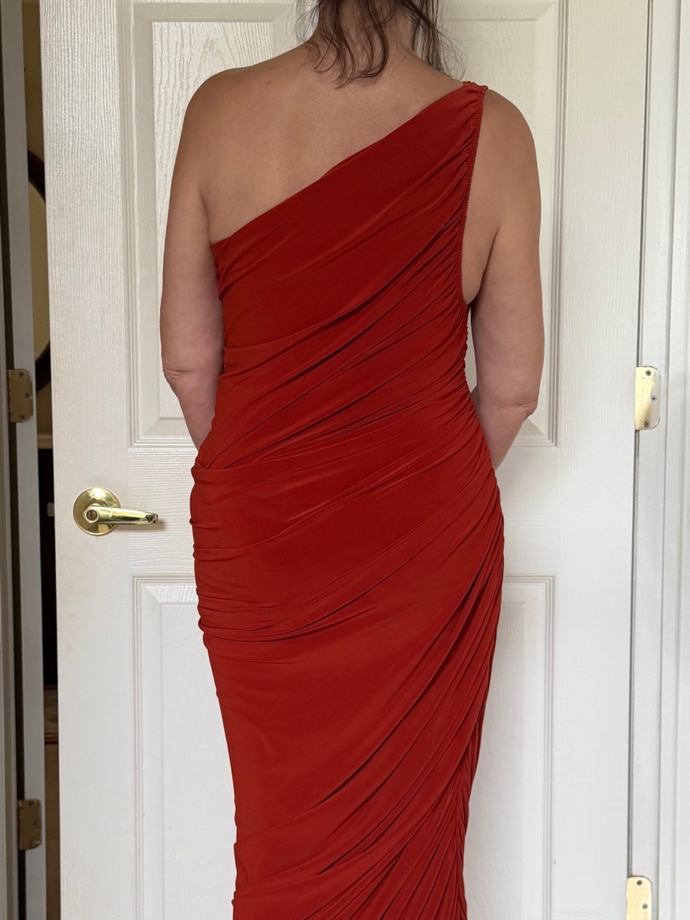 Norma Kamali One-Shoulder Ruched Dress in Deep Red